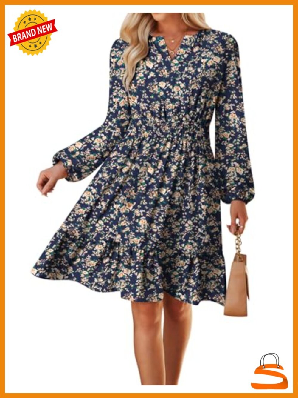 Womens A-Line Knee Length Dress with Pockets Smocked Waist